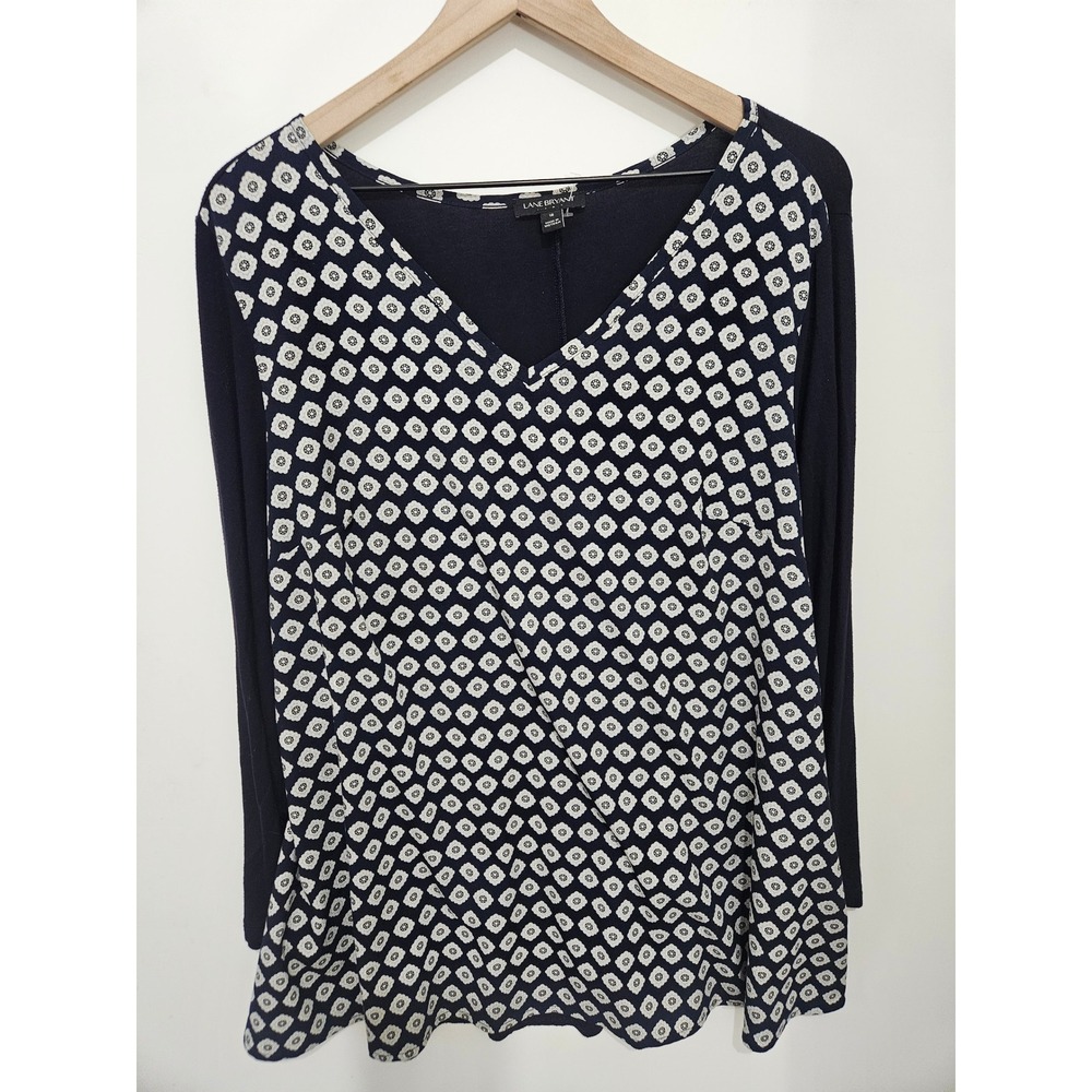 Lane Bryant Navy Blue‎ Geometric Floral V-Neck Mixed Media Long Sleeve Top 18